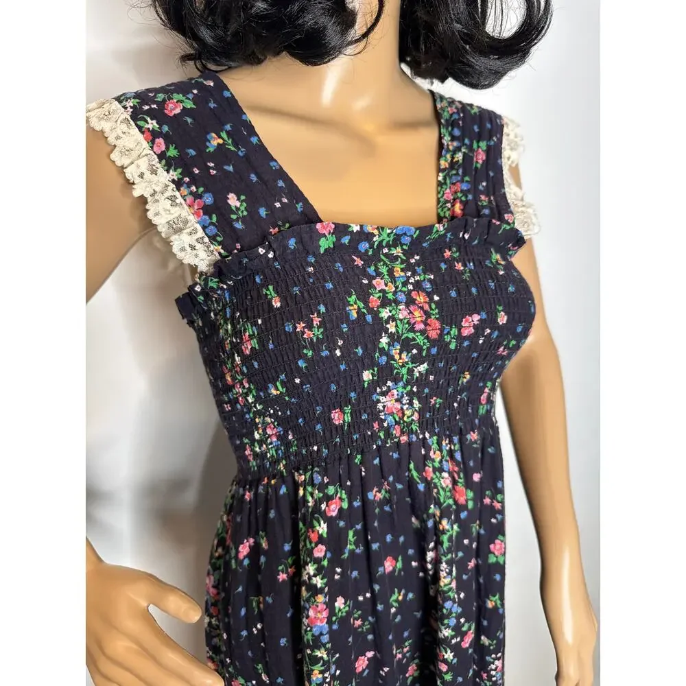 Vintage 70s The Fig Leaf Floral Smocked Cottagecore Prairie Midi Cotton Dress XS